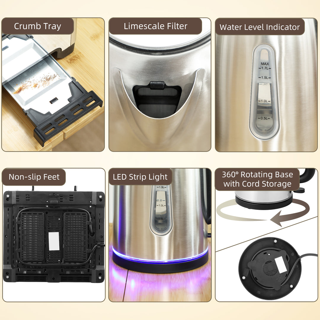 MCL Kettle and Toaster Set, 1.7L 3000W Rapid Boil Jug Kettle with Strix Thermostat, Limescale Filter, 4 Slice Toaster with 7 Browning Controls, Crumb Tray, Silver Tone