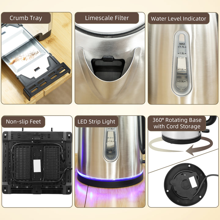 MCL Kettle and Toaster Set, 1.7L 3000W Rapid Boil Jug Kettle with Strix Thermostat, Limescale Filter, 4 Slice Toaster with 7 Browning Controls, Crumb Tray, Silver Tone