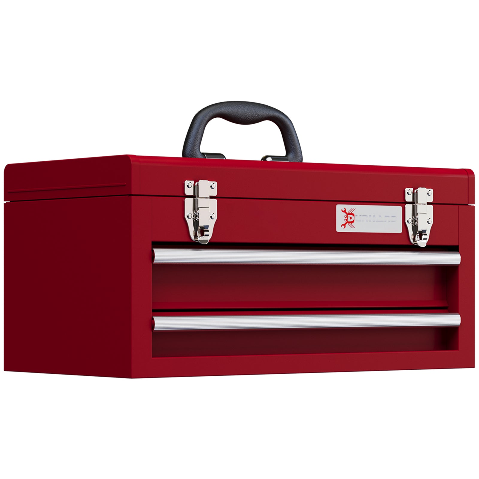 Lockable Metal Tool Box, 2 Drawer Tool Chest with Latches, Handle, Ball Bearing Runners, Red