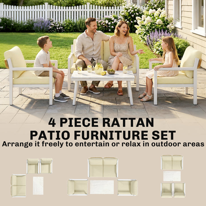 4 Seater Rattan Garden Furniture Set with 2 Armchairs, Loveseat, Coffe