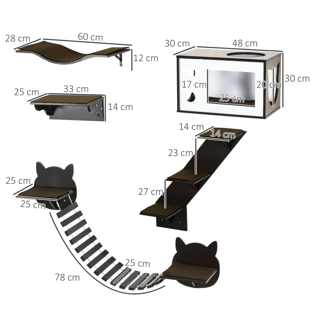 5 Piece Cat Wall Shelves, Wall-Mounted Cat Tree for Indoor Use - Brown