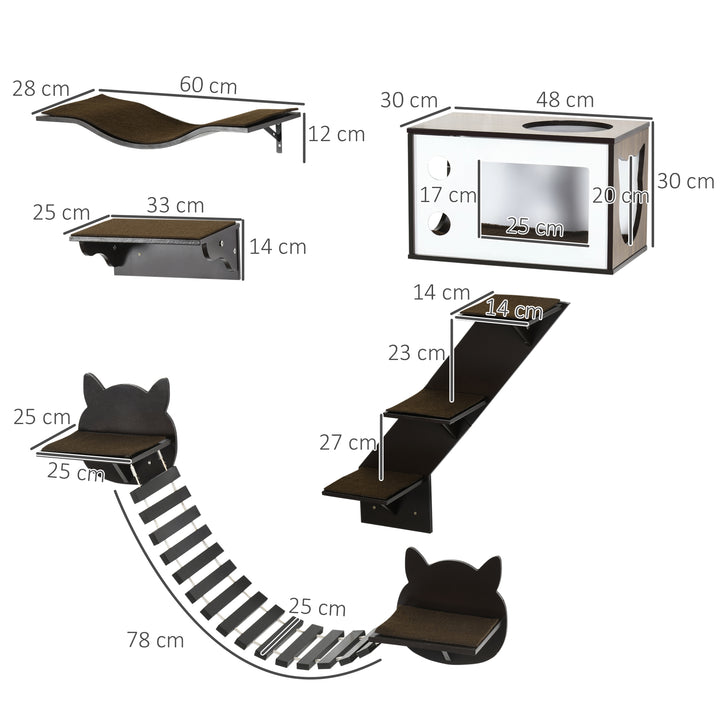 5 Piece Cat Wall Shelves, Wall-Mounted Cat Tree for Indoor Use - Brown