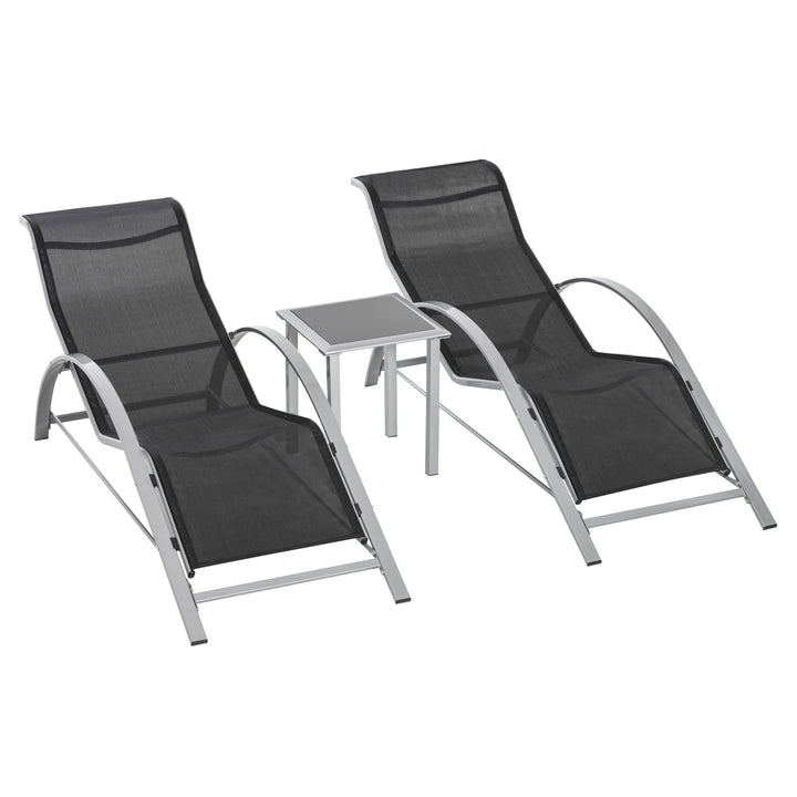 3 Pieces Sun Lounger Chair Set, Metal Frame Garden Outdoor Sunbathing Chair with Side Table and Armrest, Black