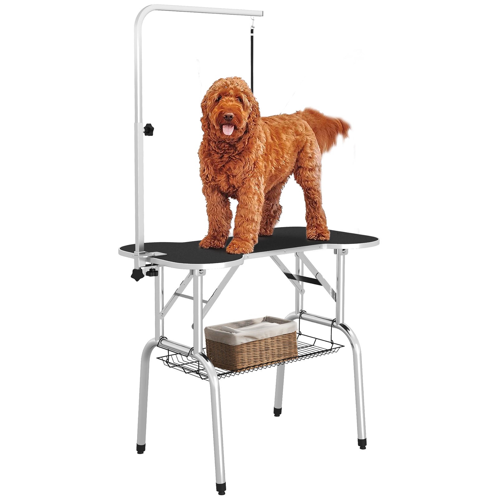 Foldable Dog Grooming Table Pet Drying Table with Adjustable Arm Non-Slip Rubber Tabletop Aluminium Alloy Edge Stainless Steel Bar Sling 94.5 x 55 x 81cm Black