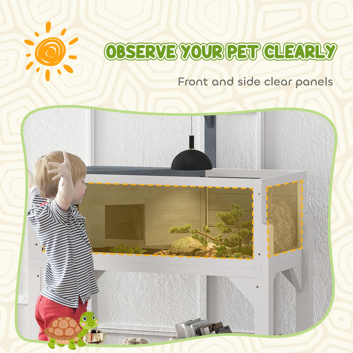 Wooden Tortoise House with Storage Shelf, Clear Observation Windows, Lamp Holder, Openable Top, Built-in Tray, Grey