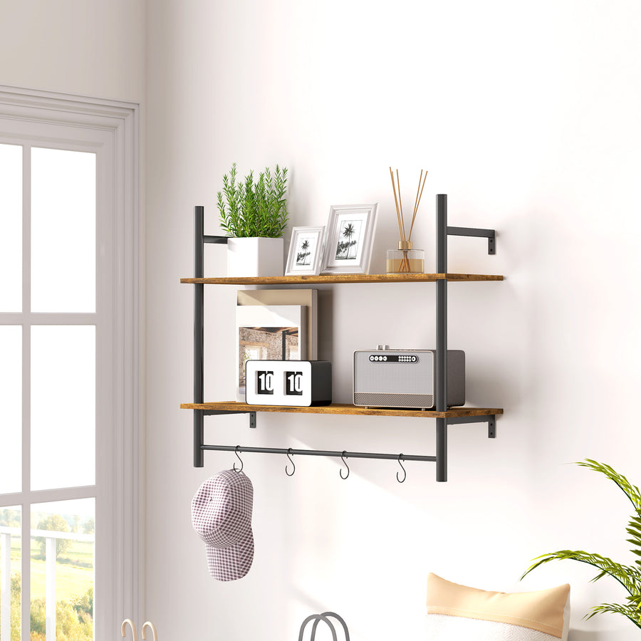 Wall Mounted Floating Shelves with 4 Hooks, Rustic Wall Shelf Unit for Living Room, Entryway, Rustic Brown