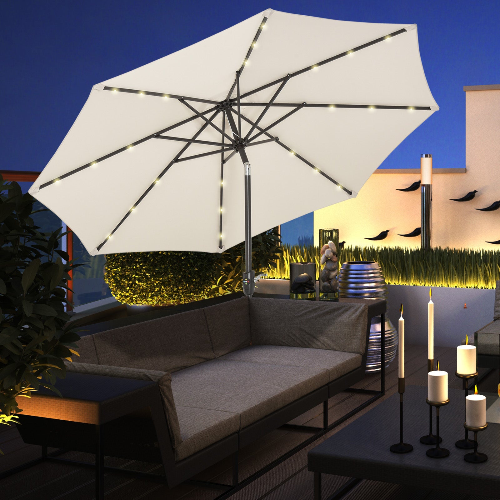 Φ2.7m Garden 24 LED Light Parasol Solar Outdoor Tilt Sun Umbrella Patio Club Party Event Manual Sun Shade w/ Hand Crank and 8 Ribs, Off-white