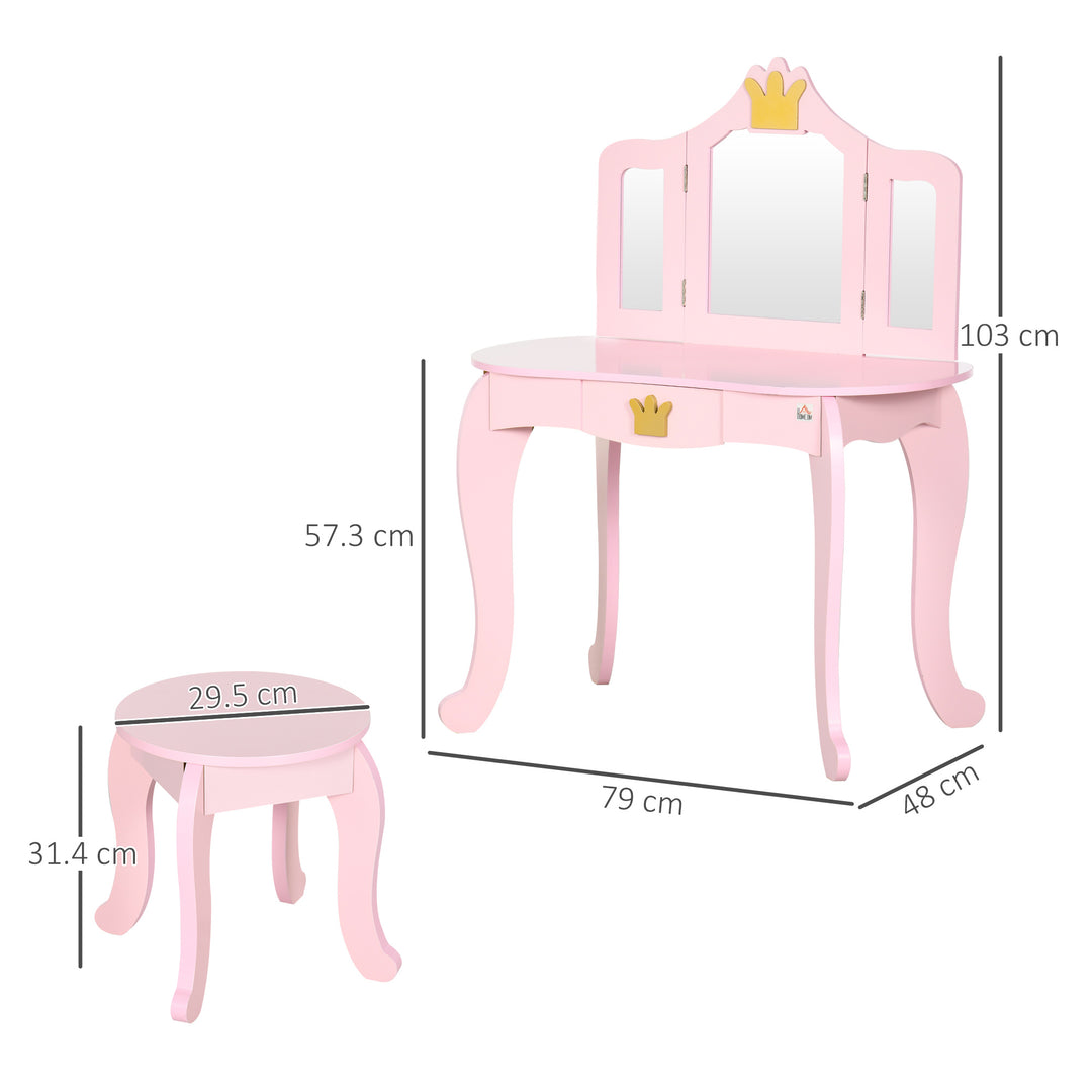 ZONEKIZ Kids Dressing Table with Mirror and Stool, Kids Vanity Set, Girl Makeup Desk with Rotatable Mirrors and Drawer, Pink