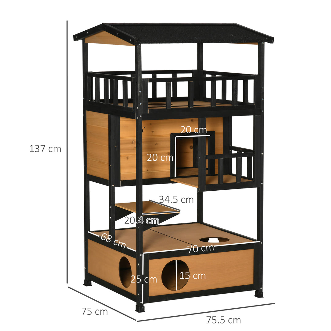 Wooden Outdoor Cat House, 3-Tier Cat Shelter with Tilted Roof, Terrace, Jump Step, Bottom Tray and Elevated Base, Waterproof Paint, Yellow