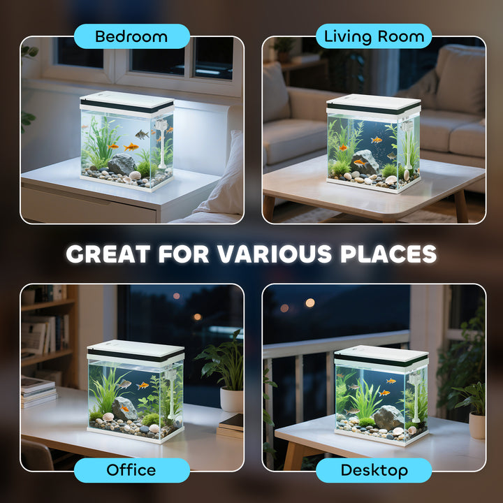 14L Glass Fish Tank With Filter System, LED Lights, Water Pump, White