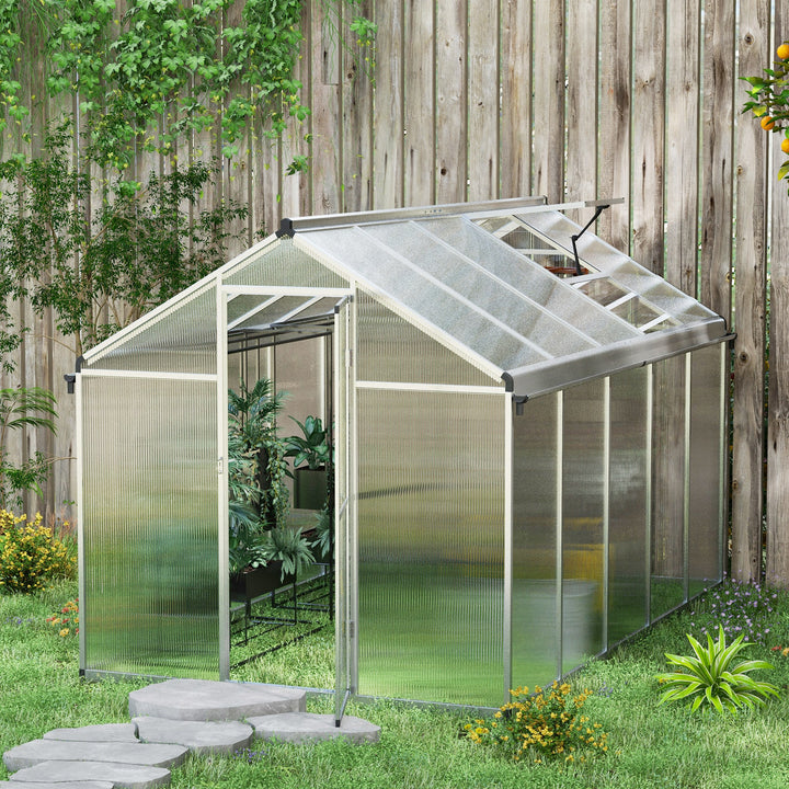 Outsunny 6 x 10ft Polycarbonate Greenhouse with Rain Gutters, Large Walk-In Green House with Window, Garden Plants Grow House with Aluminium