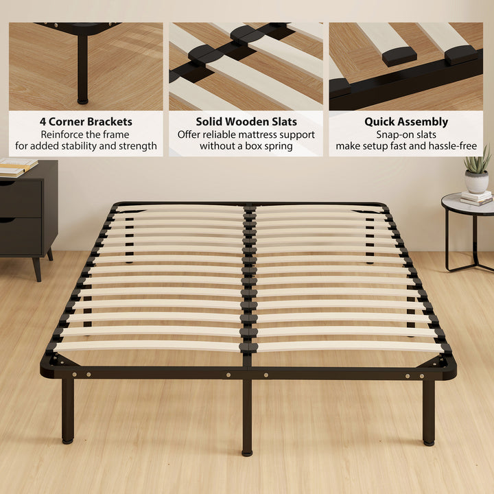 4ft6 Double Bed Frame, Metal Platform Bed Frame with 2 x 14 Wood Slats