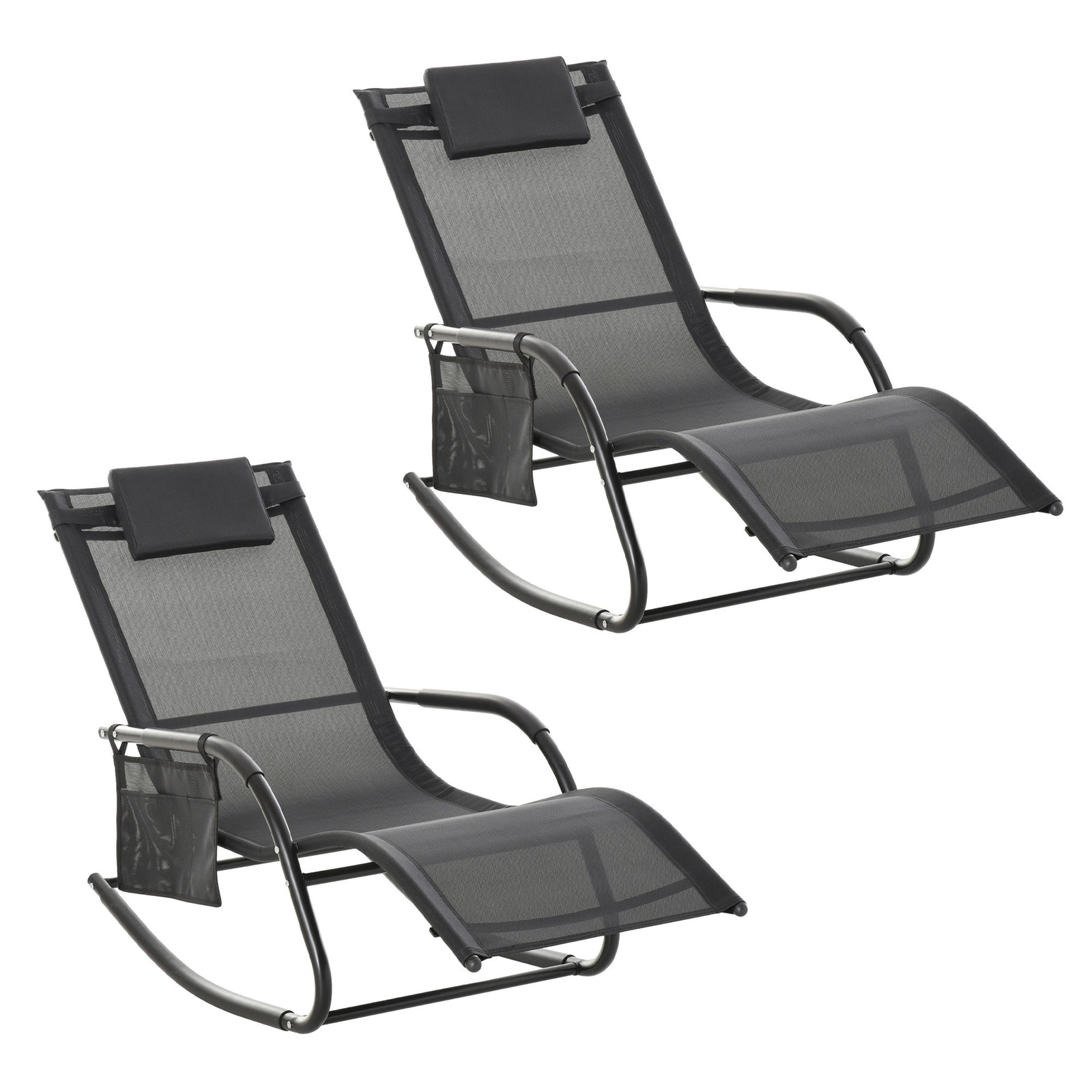 2PCs Outdoor Garden Rocking Chair, Patio Sun Lounger Rocker Chair with Breathable Mesh Fabric, Removable Headrest Pillow, Armrest, Side Storage Bag, Black