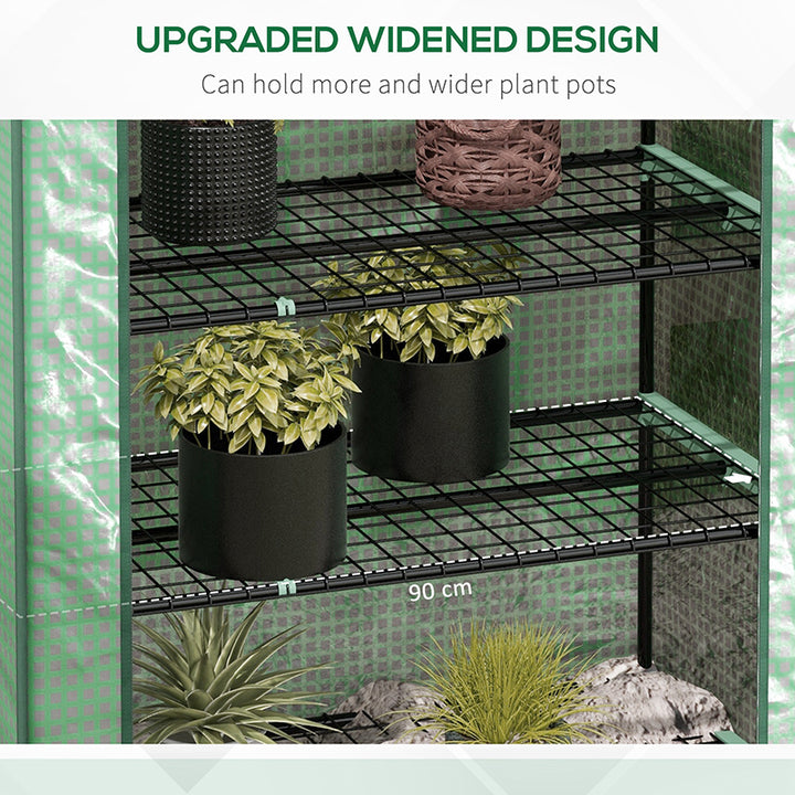 5 Tier Widened Mini Greenhouse with Reinforced PE Cover, Portable Indoor Outdoor Green House with Roll-up Door and Wire Shelves, 193H x 90W x 49Dcm, Green