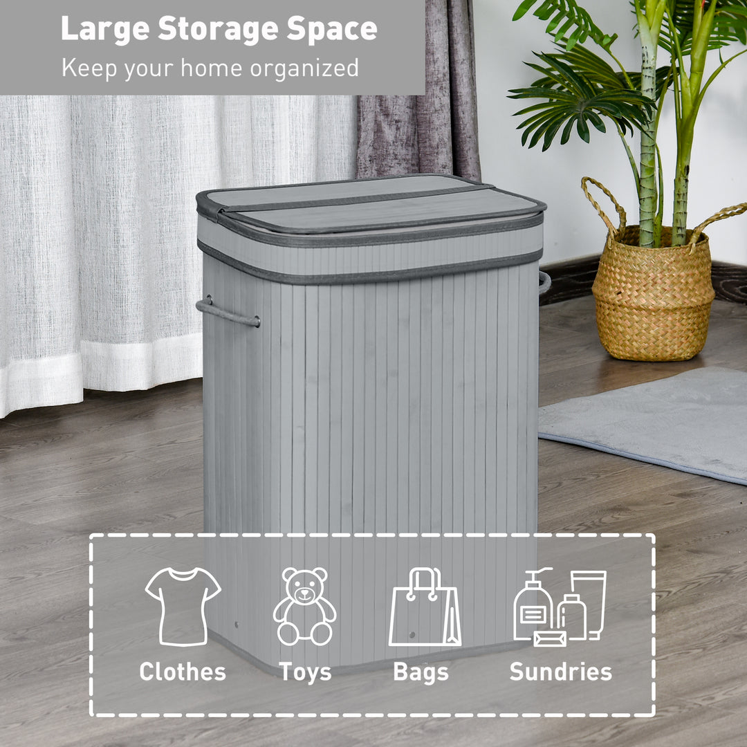 70L Natural Wood Laundry Basket A Compartment w/Flip Lid Removable Lining Handles Board Base Foldable Durable Water-Resistant Dirty Clothes Storage Home Organisation Grey