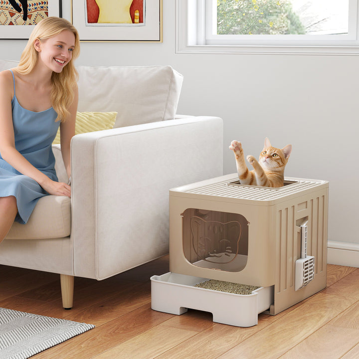 Foldable Cat Litter Box with Lid, Slide-Out Drawer, Scoop, Easy Clean, Odour Control, Anti-Splashing