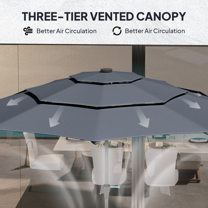 3-Tier Garden Parasol with Solar LED Lights, UPF 30+, Tilt Mechanism & Crank Handle, for Market Terrace, Dark Grey