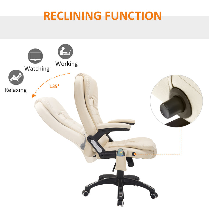 6-Point Massage Office Chair with Seat Heated for Home Office, PU Leather High Back Executive Desk Chair with Adjustable Height and 360° Swivel for Work Study, Beige
