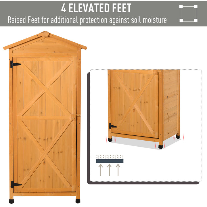 Wooden Garden Shed, Outdoor Storage Cabinet with 2 Shelves and Hooks, Locking Organiser Outdoor Narrow Tool House, 74x55x155cm, Yellow
