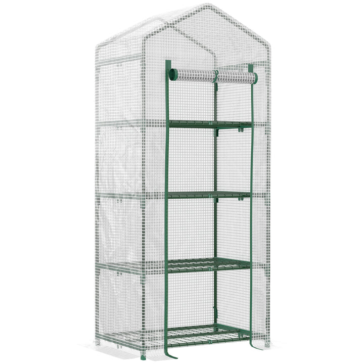 Outsunny 4 Tier Mini Greenhouse, Portable Green House with Steel Frame, PE Cover, Roll-up Door, 70 x 50 x 160 cm, White | Aosom UK