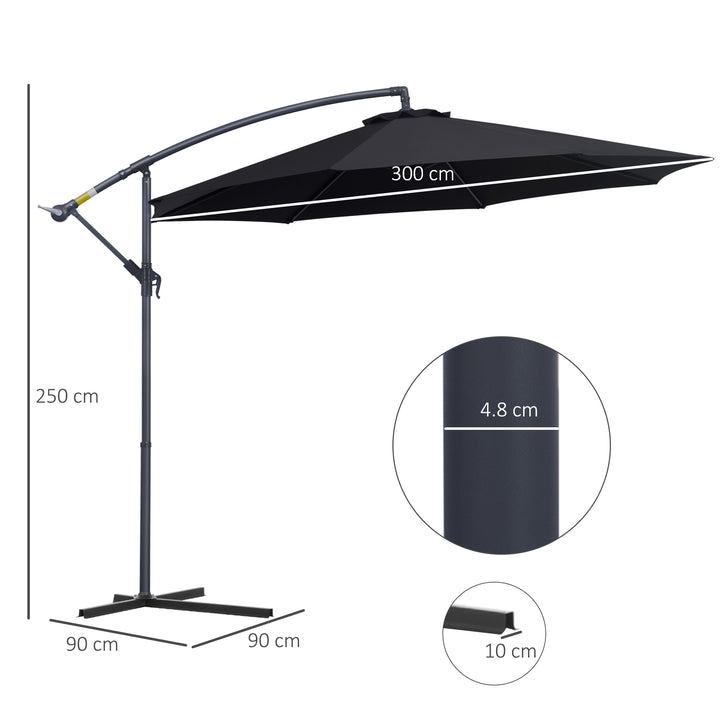 Outsunny 3(m) Garden Cantilever Parasol Patio Banana Hanging Umbrella Sun Shade with Crank & Tilt, 8 Ribs and Cross Base, Black | Aosom UK