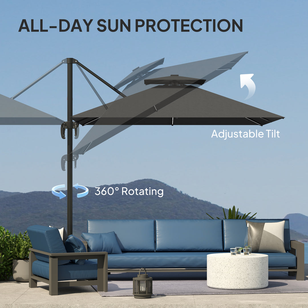 2.5m Cantilever Parasol with Solar Powered LED Lights, 360° Rotation, Tilt Adjustment, Crank Handle, Dark Grey