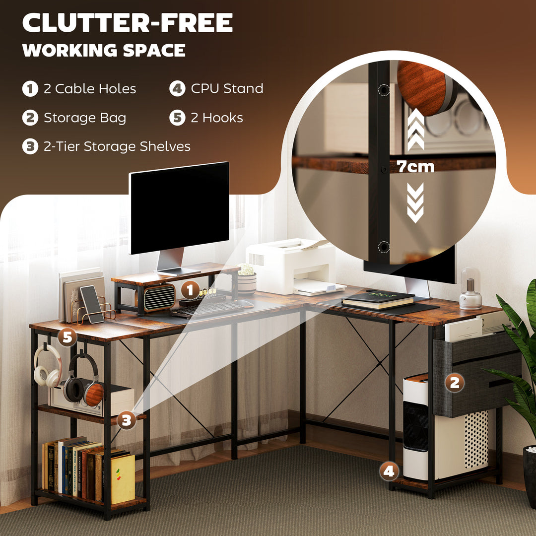 168cm Reversible L Shaped Desk, Industrial Corner Computer Desk with Adjustable Shelf and Storage Bag, 240cm 2 Person PC Table with Monitor Stand, Rustic Brown