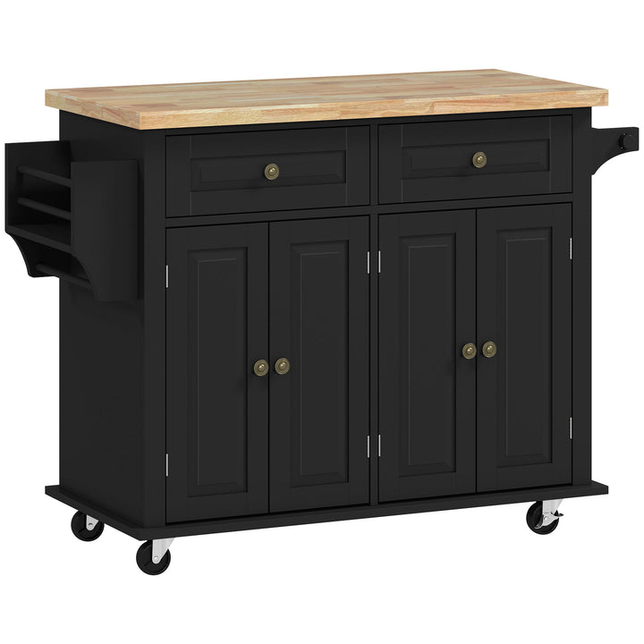 Rolling Kitchen Island Storage Trolley with Rubber Wood Top & Drawers for Dining Room, Black