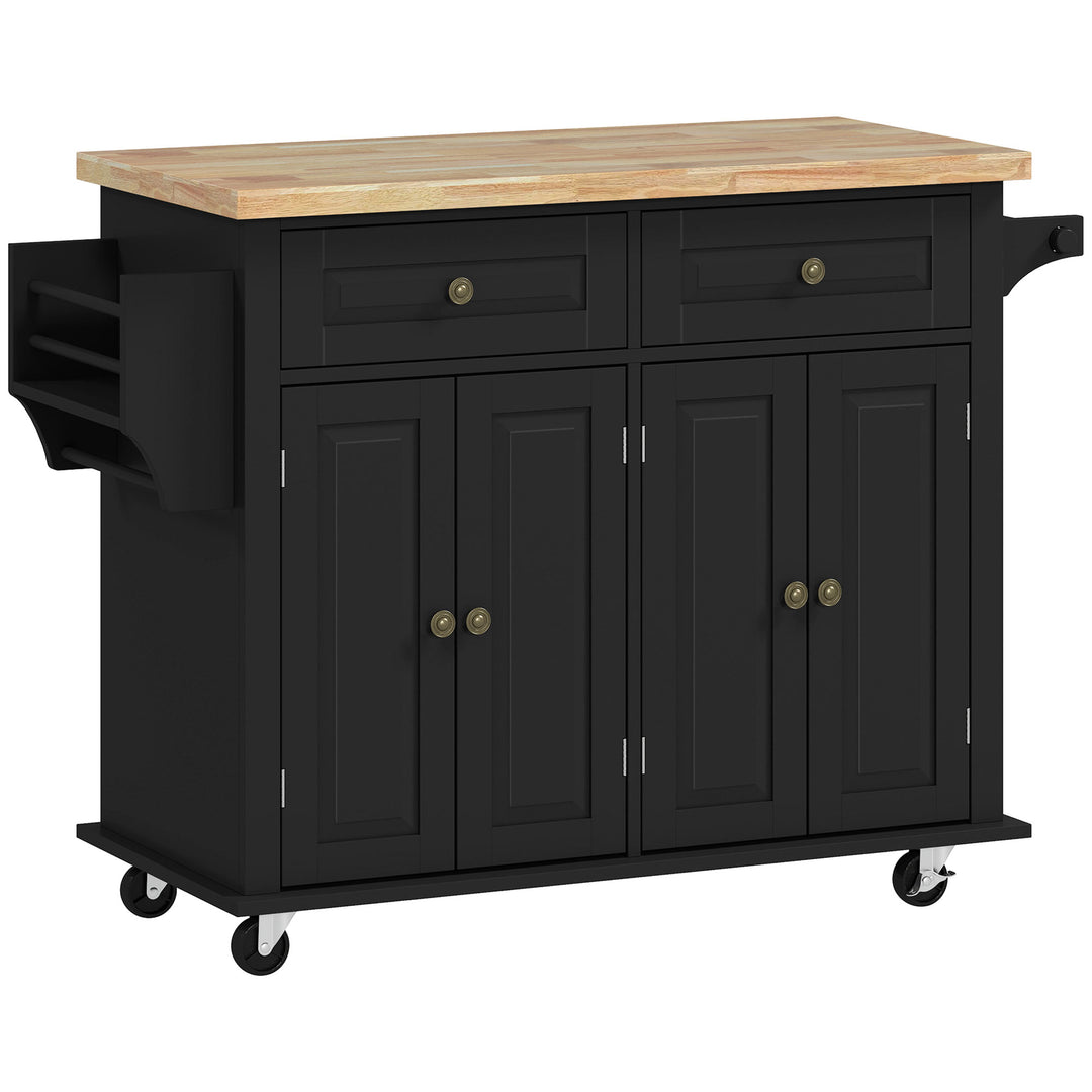 MCL Rolling Kitchen Island Storage Trolley with Rubber Wood Top & Drawers for Dining Room, Black