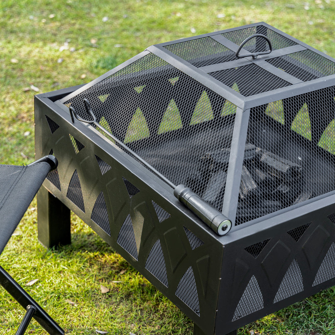 66cm Outdoor Fire Pit with Screen Cover, Wood Burner, Log Burning Firepit Bowl with Poker for Patio, Backyard, Black