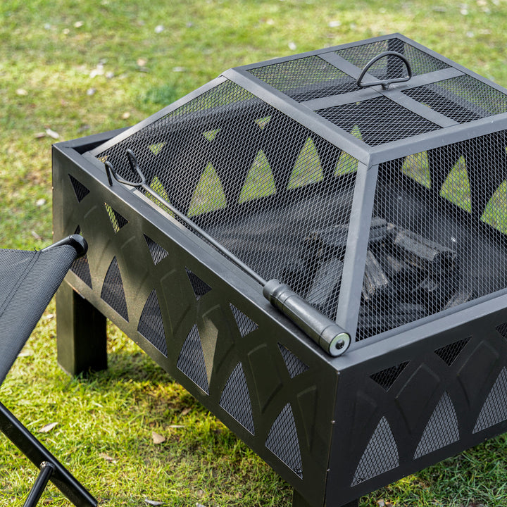 66cm Outdoor Fire Pit with Screen Cover, Wood Burner, Log Burning Firepit Bowl with Poker for Patio, Backyard, Black