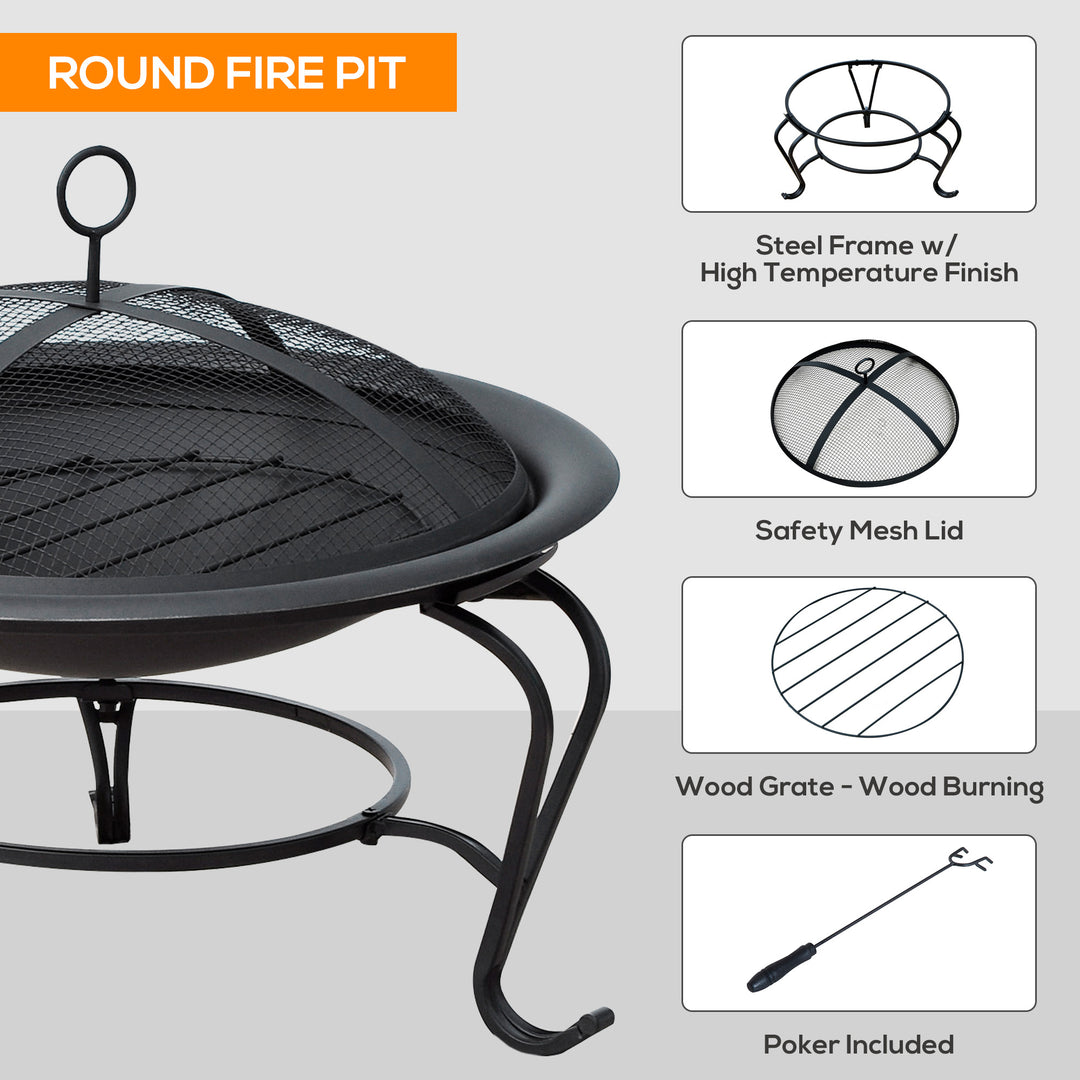 MCL Metal Firepit Bowl Outdoor Round Fire Pit w/ Lid, Log Grate, Poker for Backyard, Camping, BBQ, Bonfire, Wood Burning Stove, 56 x 56 x 45cm, Black