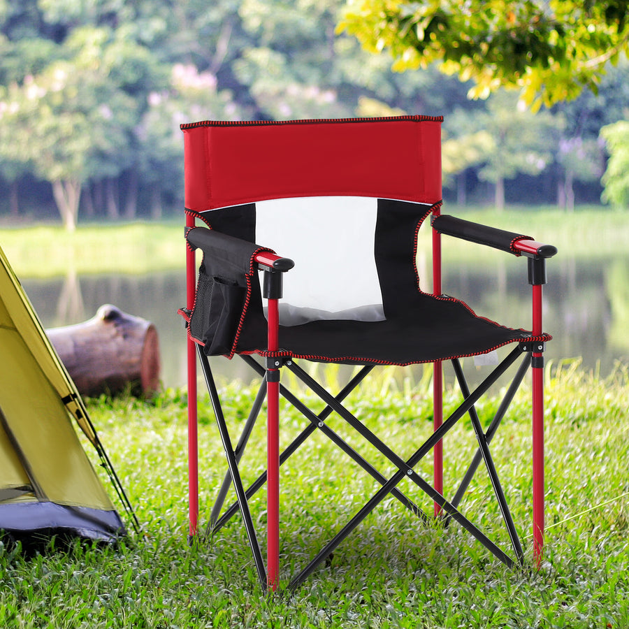 Folding Fishing Camping Chair Portable Picnic Armchair Director Seat Oxford Metal Frame with Cup Holder, Phone Pocket - Red