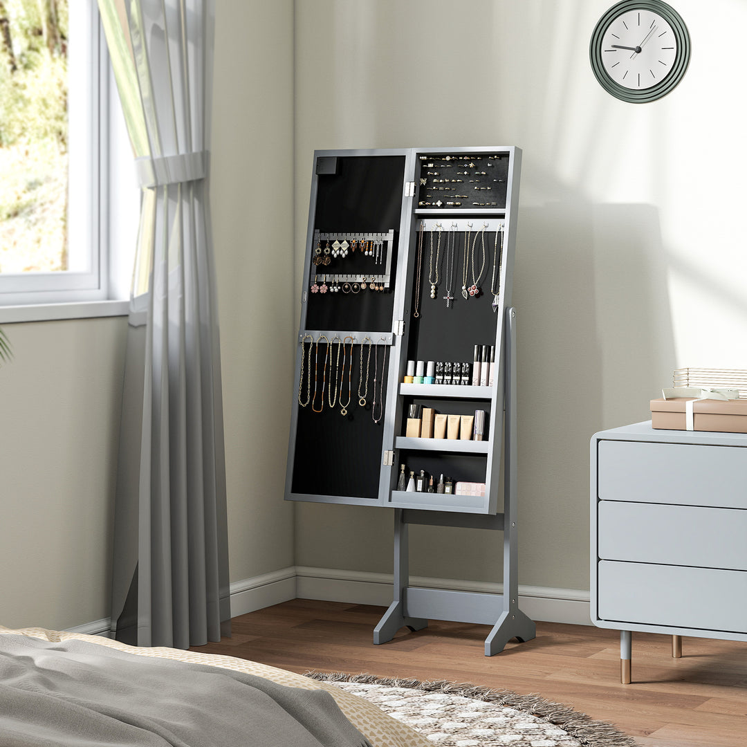 Freestanding Mirror Jewelry Cabinet with LED Lights, Jewellery Organiser with 3 Angle Adjustable, Full-Length Mirror with Storage for Earrings, Necklaces, Rings and Lipsticks, Grey