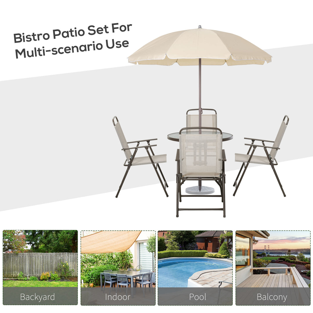 MCL Garden Patio Texteline Folding Chairs Plus Table and Parasol Furniture Bistro Set 6 Pieces - Coffee/Cream