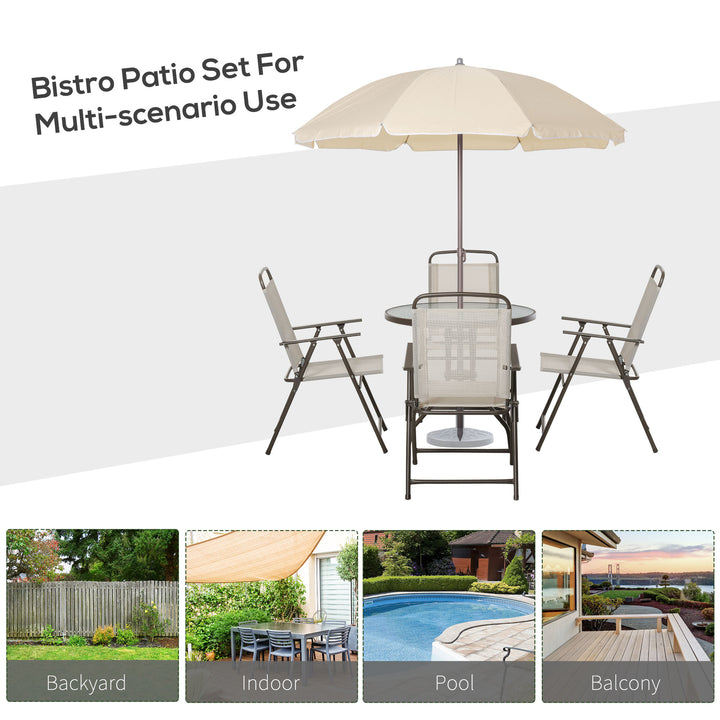 MCL Garden Patio Texteline Folding Chairs Plus Table and Parasol Furniture Bistro Set 6 Pieces - Coffee/Cream