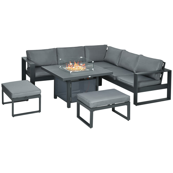 Outsunny 6-Piece Aluminium Garden Furniture Set, Outdoor Corner Sofa, Loveseat, Footstool, Sectional with Gas Fire Pit Table, Grey | Aosom UK