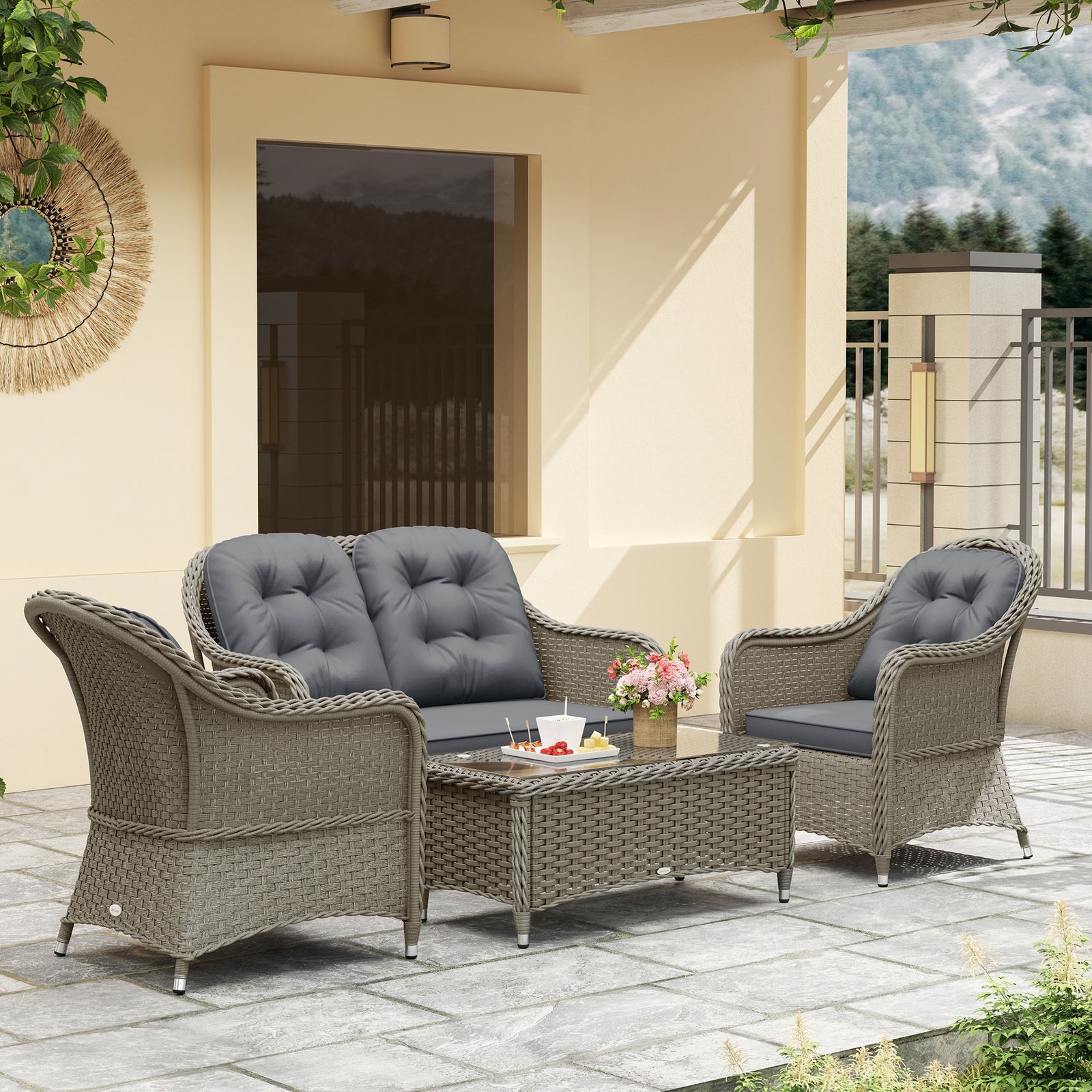 Four-Piece Rattan Sofa Set, with Glass-Top Table - Light Grey