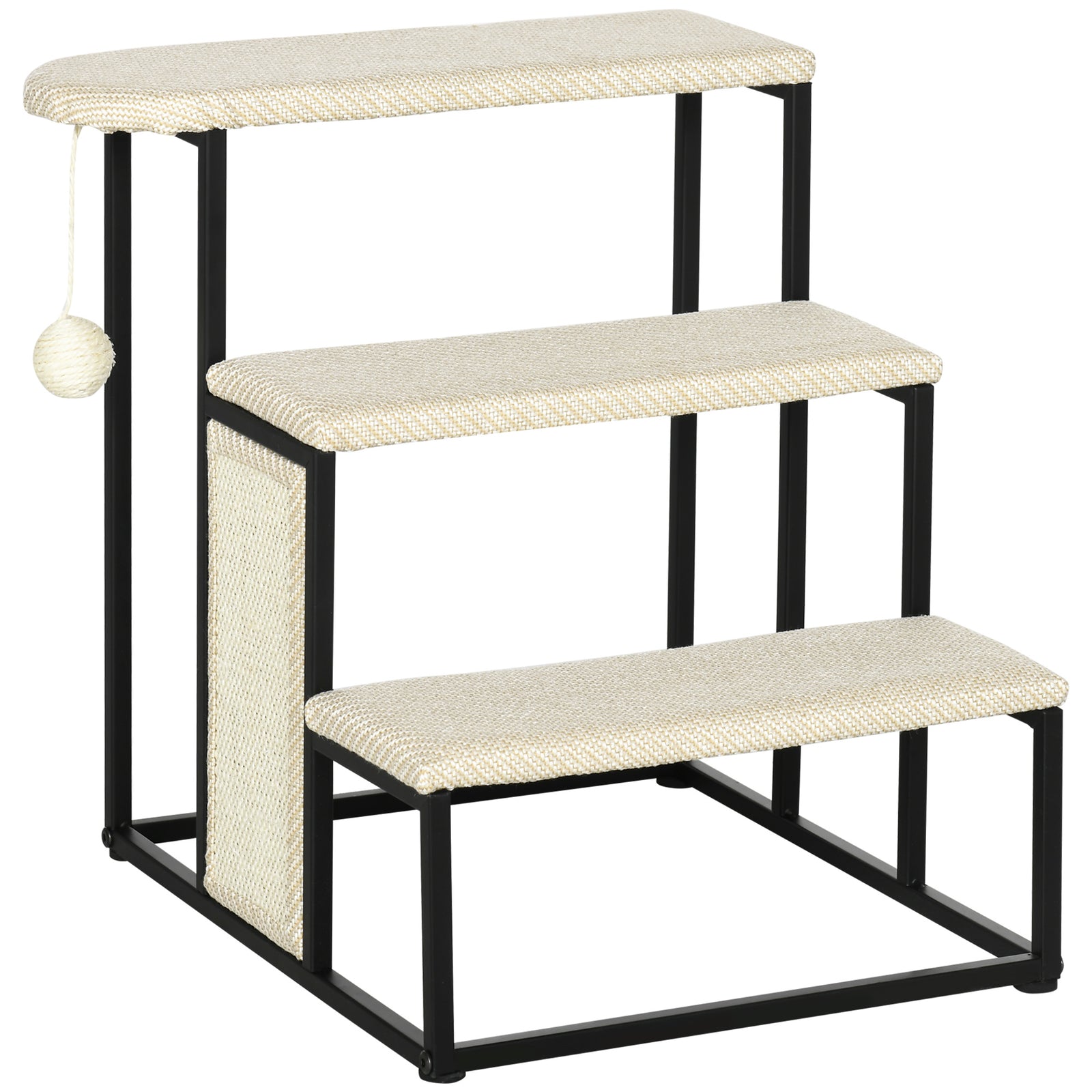 Three-Step Pet Stairs, with Sisal Scratching Board, Toy Hanging Ball, Steel Frame