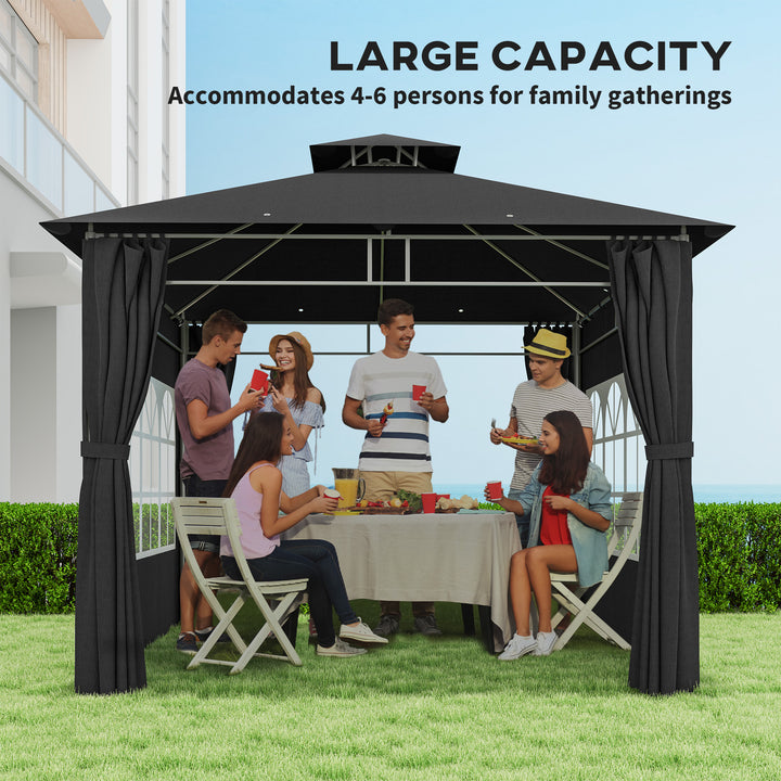 3 x 3 m Garden Gazebo, Double Roof Metal Gazebo with Removable Sidewalls and Church Windows, Outdoor Canopy Shelter, Black