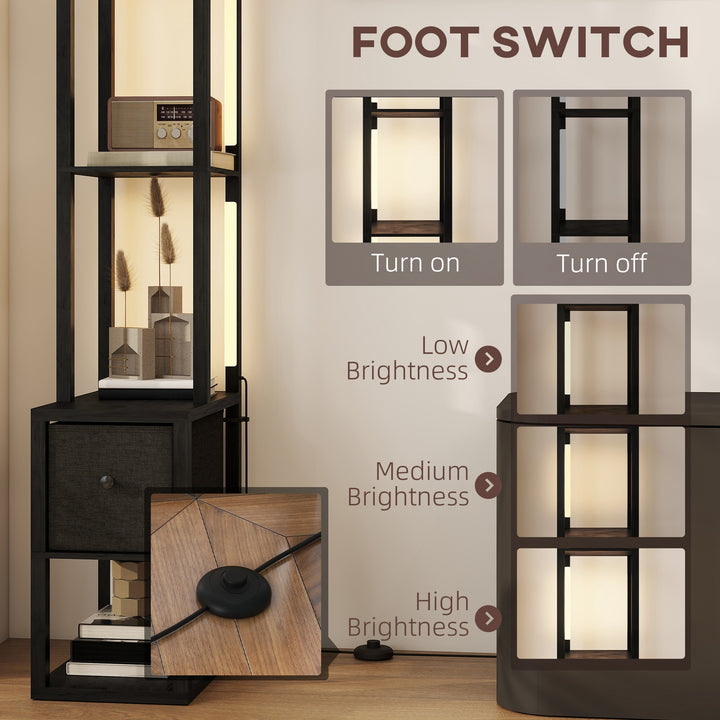 Floor Lamp with Shelves, LED Column Modern Standing Lamp with Fabric Drawer, Adjustable Brightness, Foot Switch for Living Room, Bedroom, Office, Black