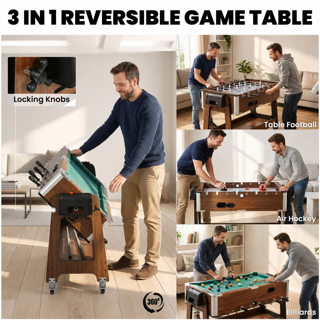 3 in 1 Multi Game Table, 3.4ft Reversible Air Hockey Pool Football Gam
