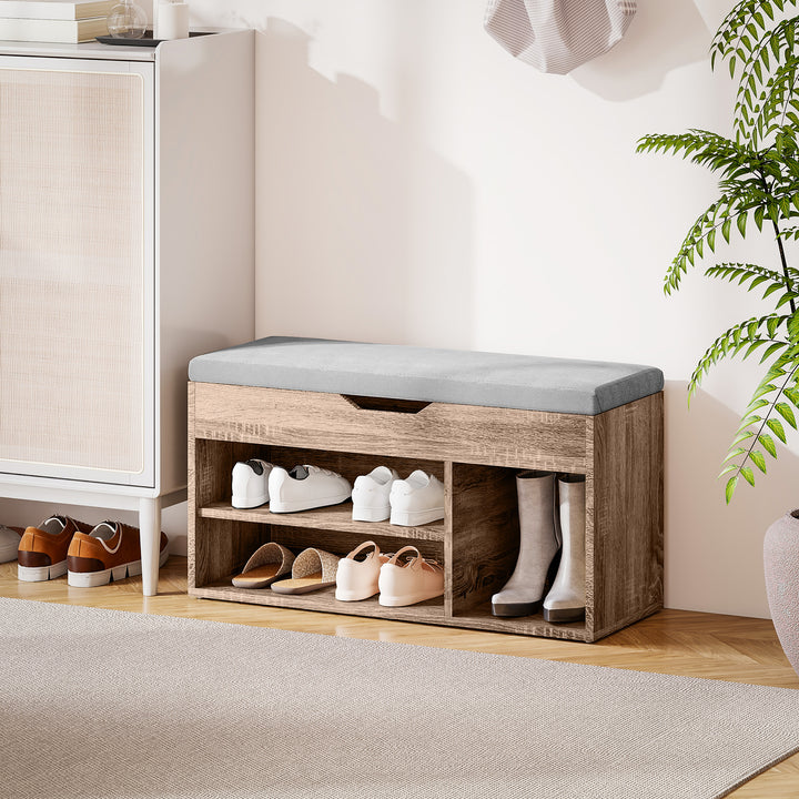 Shoes Cabinet Bench Hidden Storage Padded Seat Organiser Footwear Rack Hallway Grey Wood Grain