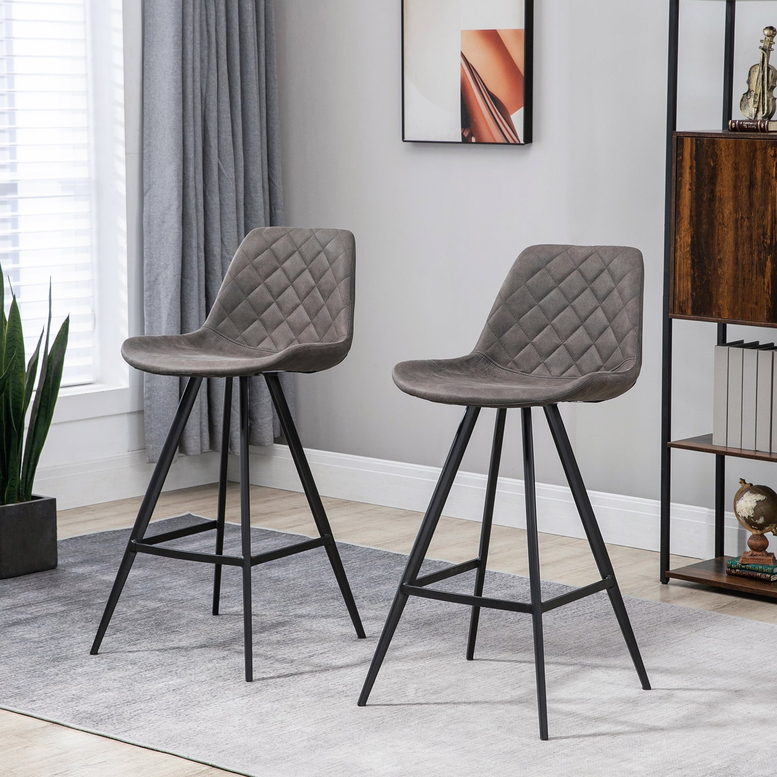 Set Of 2 Bar Stools Vintage Microfiber Cloth Tub Seats Padded Comfortable Steel Frame Footrest Quilted Home Bar Cafe Kitchen Chair Stylish Dark Grey