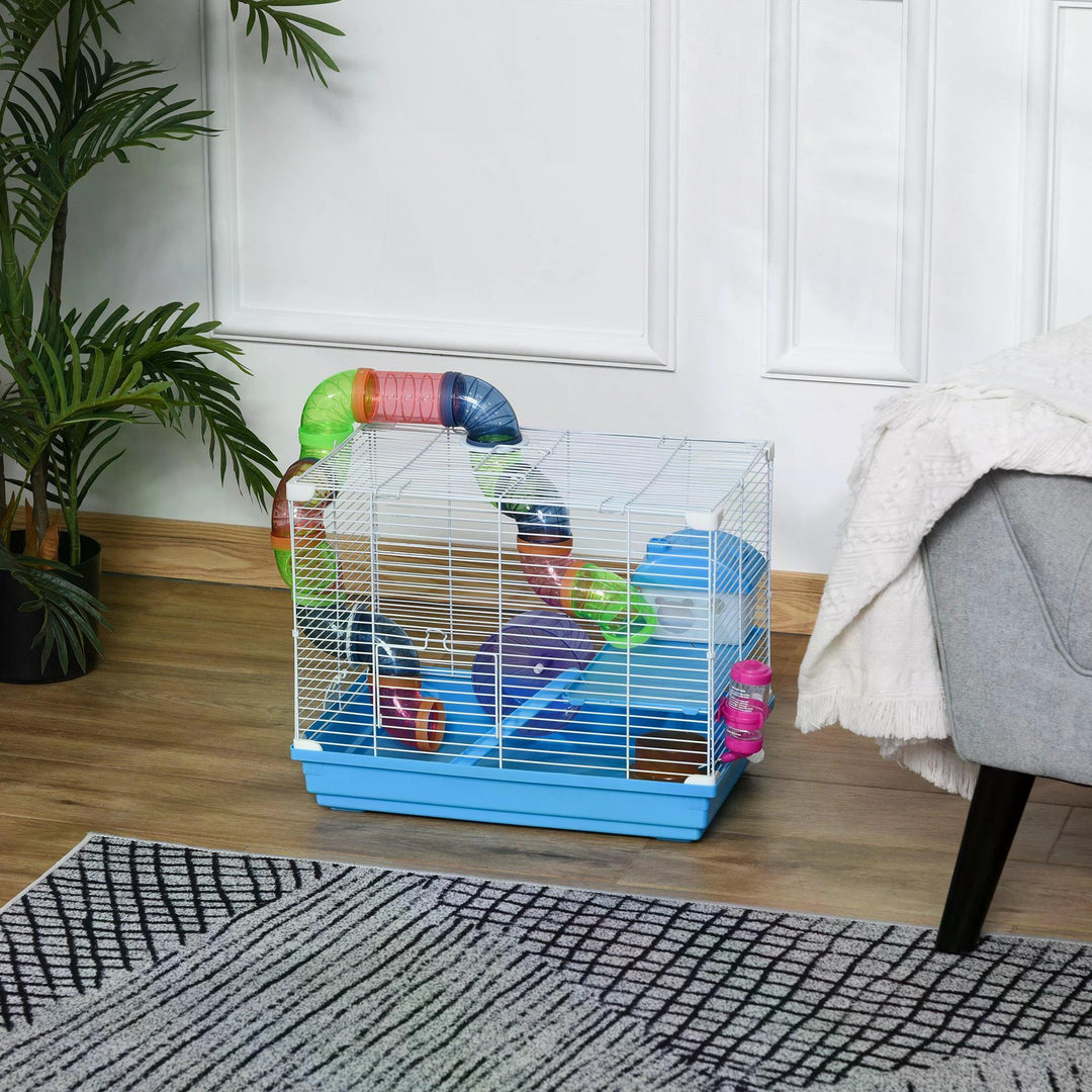 Pawhut 2 Tier Hamster Cage Carrier Habitat Small Animal House with Exercise Wheels Tunnel Tube Water Bottle Dishes for Dwarf Mice, Blue | Aosom UK