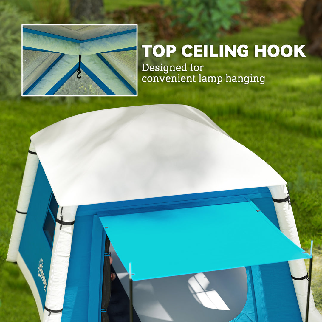Inflatable Camping Tent w/ Hand Pump, Easy Setup 1/2 Person Blow Up Tent Waterproof 190T Taffeta w/ Mesh Windows, Doors and Carry Bag, Light Blue