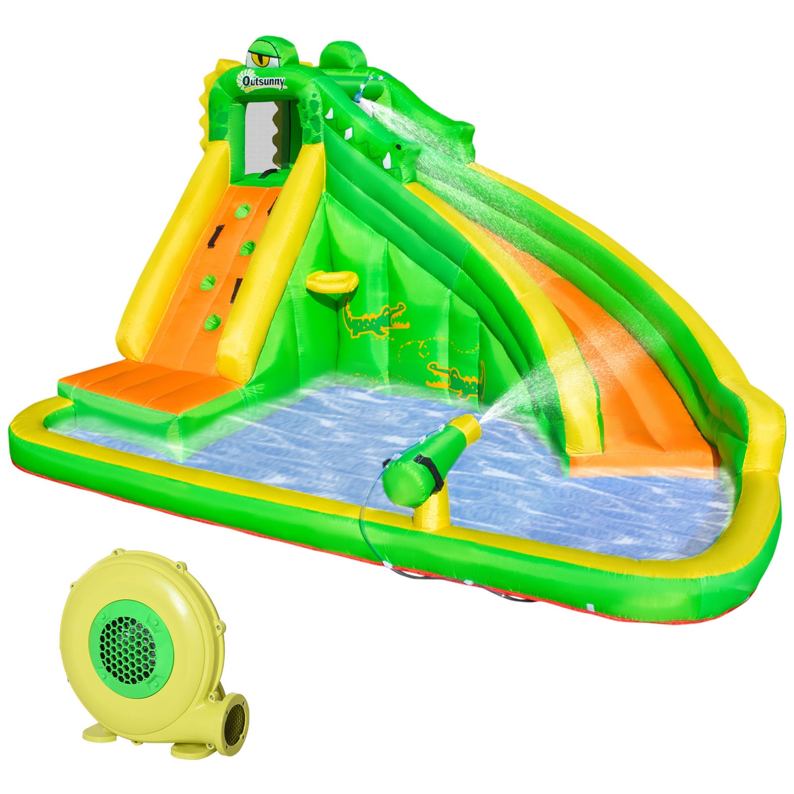 5 in 1 Kids Bouncy Castle Large Crocodile Style Inflatable House Slide Basket Water Pool Gun Climbing Wall with Blower Carrybag for Kids Age 3-8, 3.85 x 2.85 x 2.25m