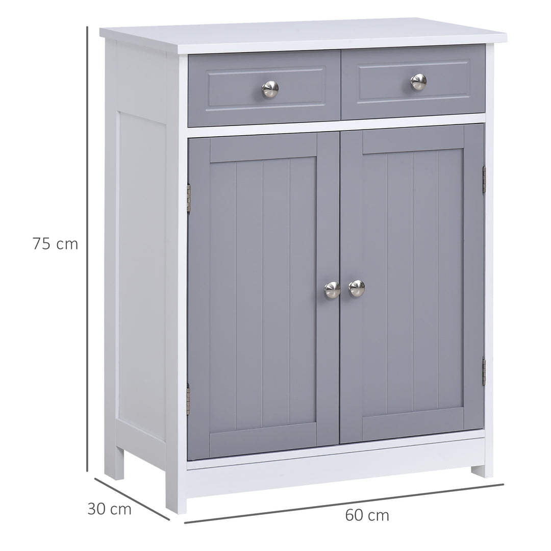 75x60cm Freestanding Bathroom Storage Cabinet Unit w/ 2 Drawers Cupboard Adjustable Shelf Metal Handles Traditional Style Grey White