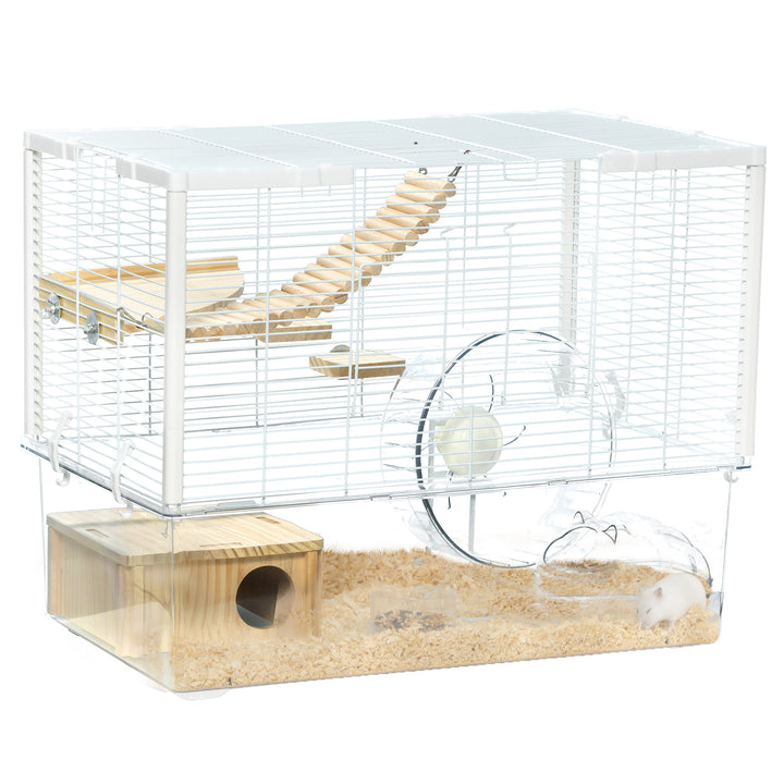 PawHut Hamster Cage, Gerbilarium Cage, Wooden Ramp, Exercise Wheel, Food Bowl, Natural Tone and White | Aosom UK