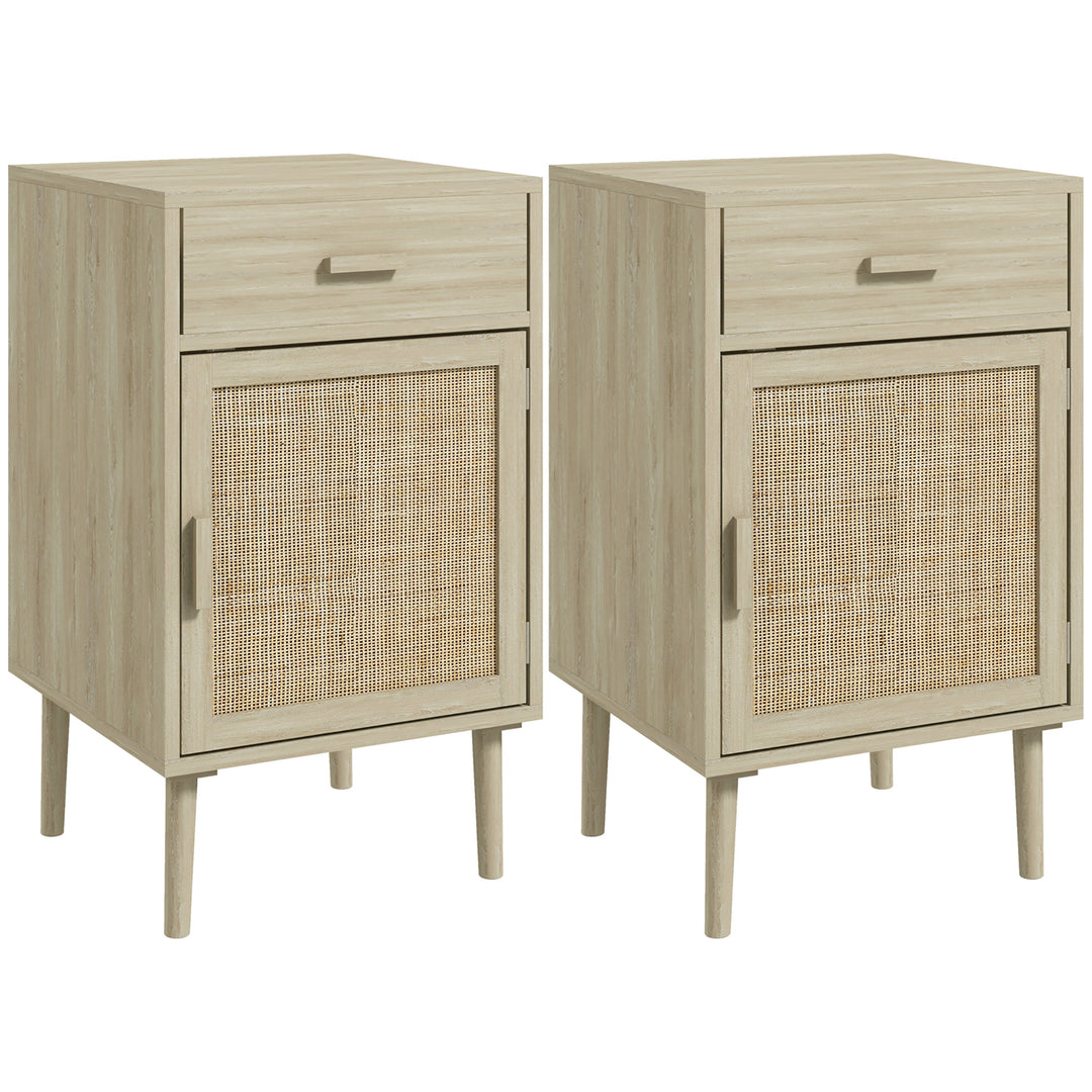Bedside Table Set of 2, Rattan Side Tables with Drawer, Cabinet and Adjustable Shelf, Boho Bedside Cabinet with Storage for Bedroom, Living Room, Natural Wood Effect